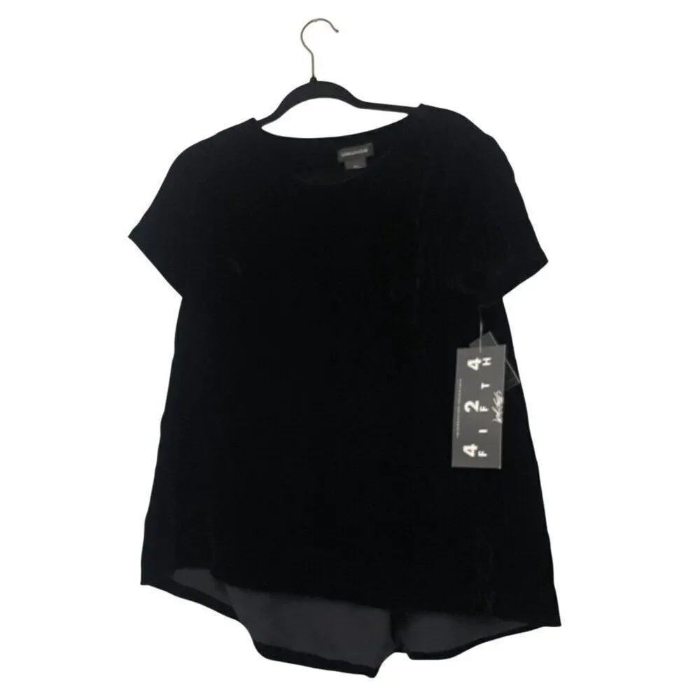 Lord & Taylor Womens Blouse S Small Black Velvet Round Neck Short Sleeve NWT